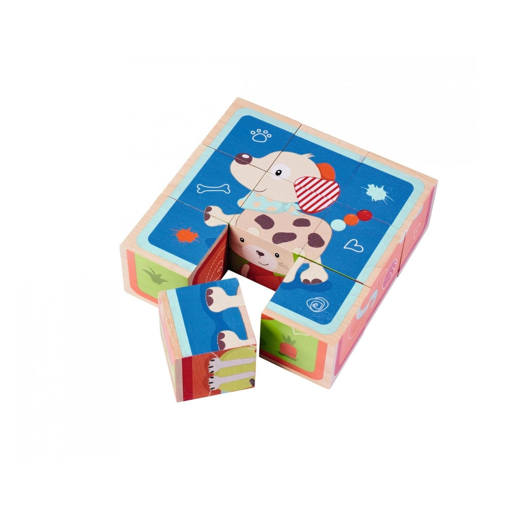 Eichhorn Picture Cube Friends puzzles feature colorful interlocking pieces including a friendly cartoon dog design.