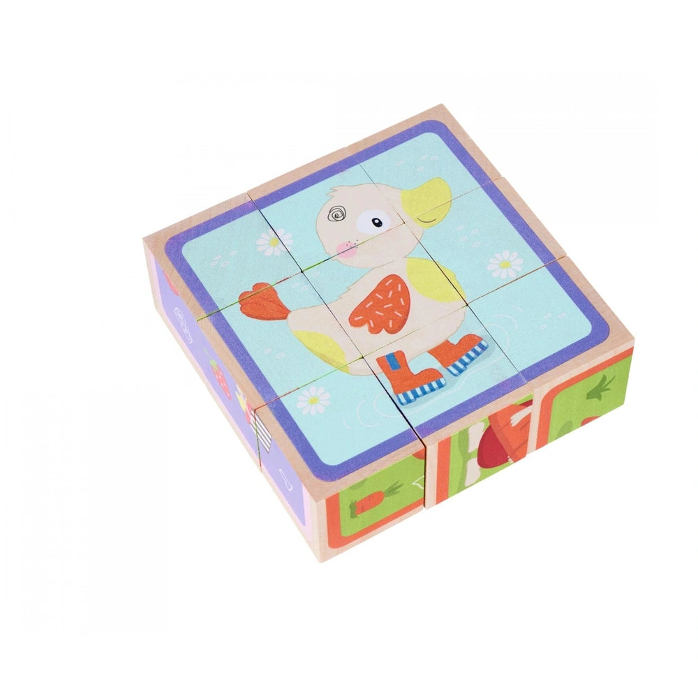 Eichhorn Picture Cube Friends set featuring colorful wooden puzzle cubes with playful animal designs for childrens playtime.