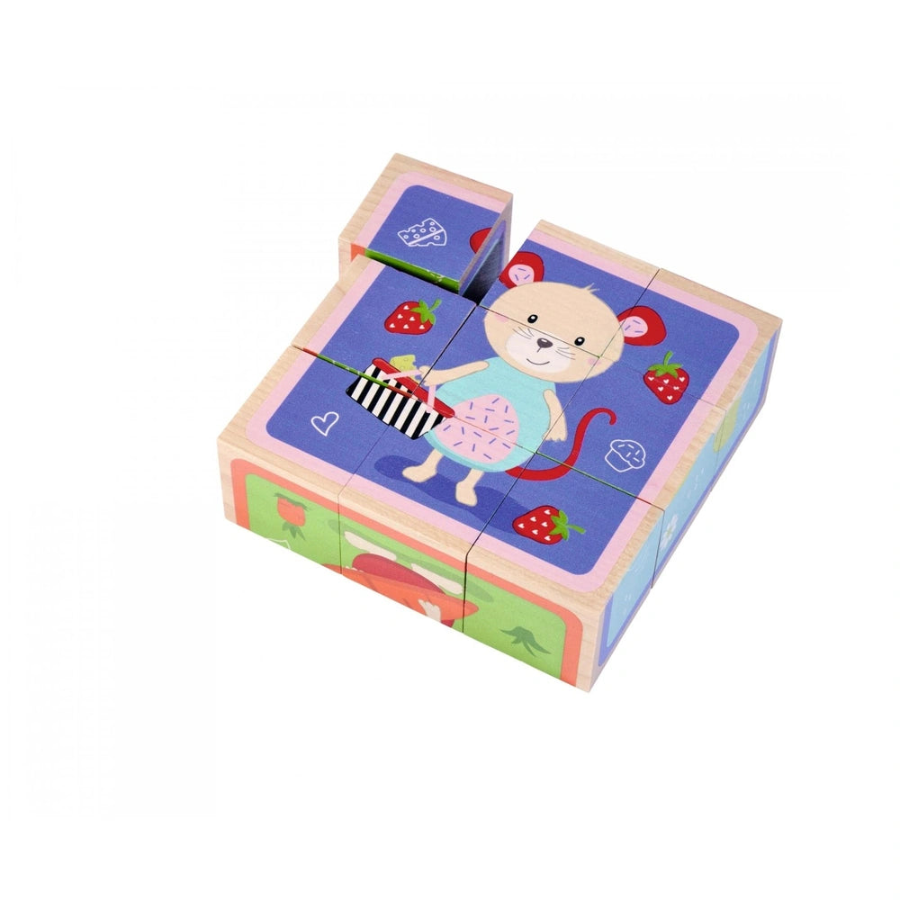 Eichhorn Picture Cube Friends - 9 wooden puzzle pieces with colorful characters and patterns for playful learning.