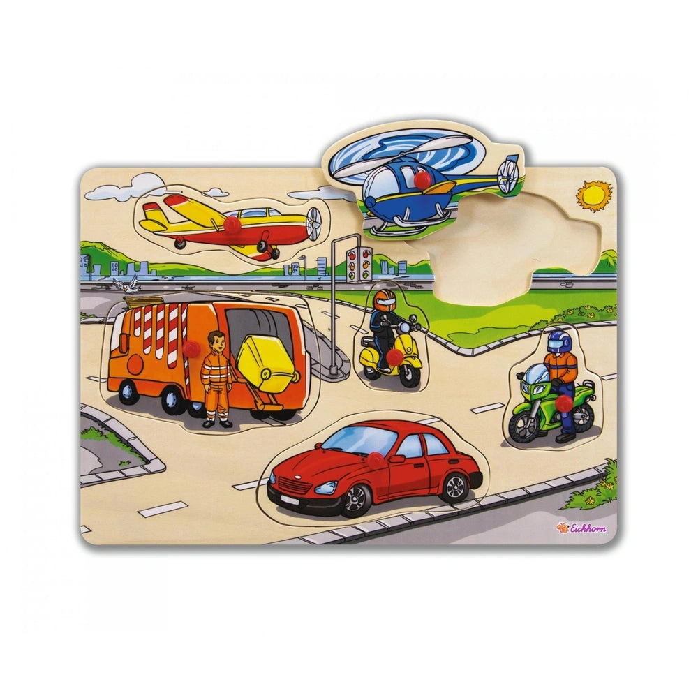 Eichhorn Pin Puzzle featuring a colorful road scene with vehicles, traffic lights, and people in a bright cartoon style.