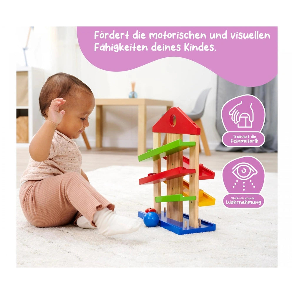Eichhorn Baby Activity Toys featuring a colorful wooden toy with a child expressing excitement while playing.