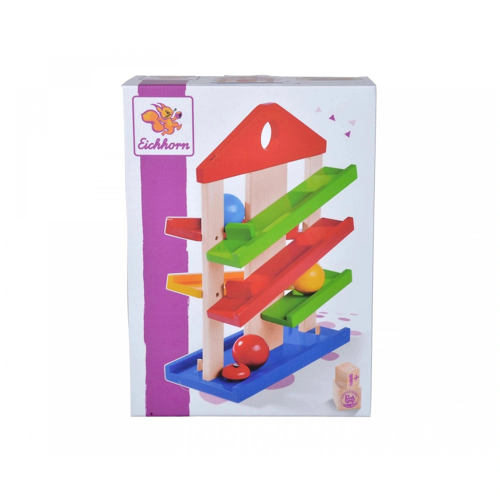 Eichhorn Runway Baby Activity Toy with a colorful wooden tower and balls on a bright blue platform against a white background