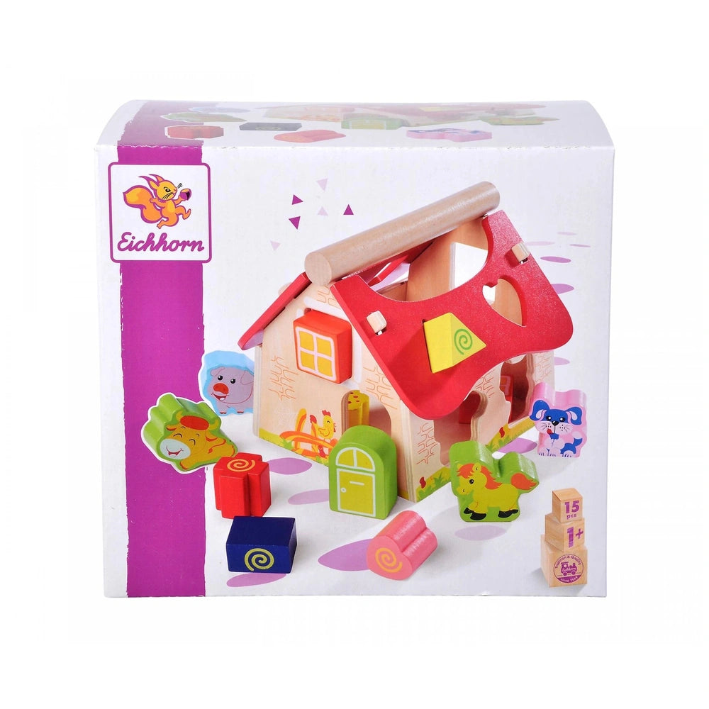 Eichhorn Sorting Farm baby activity toy set featuring colorful wooden components and playful cartoon packaging.