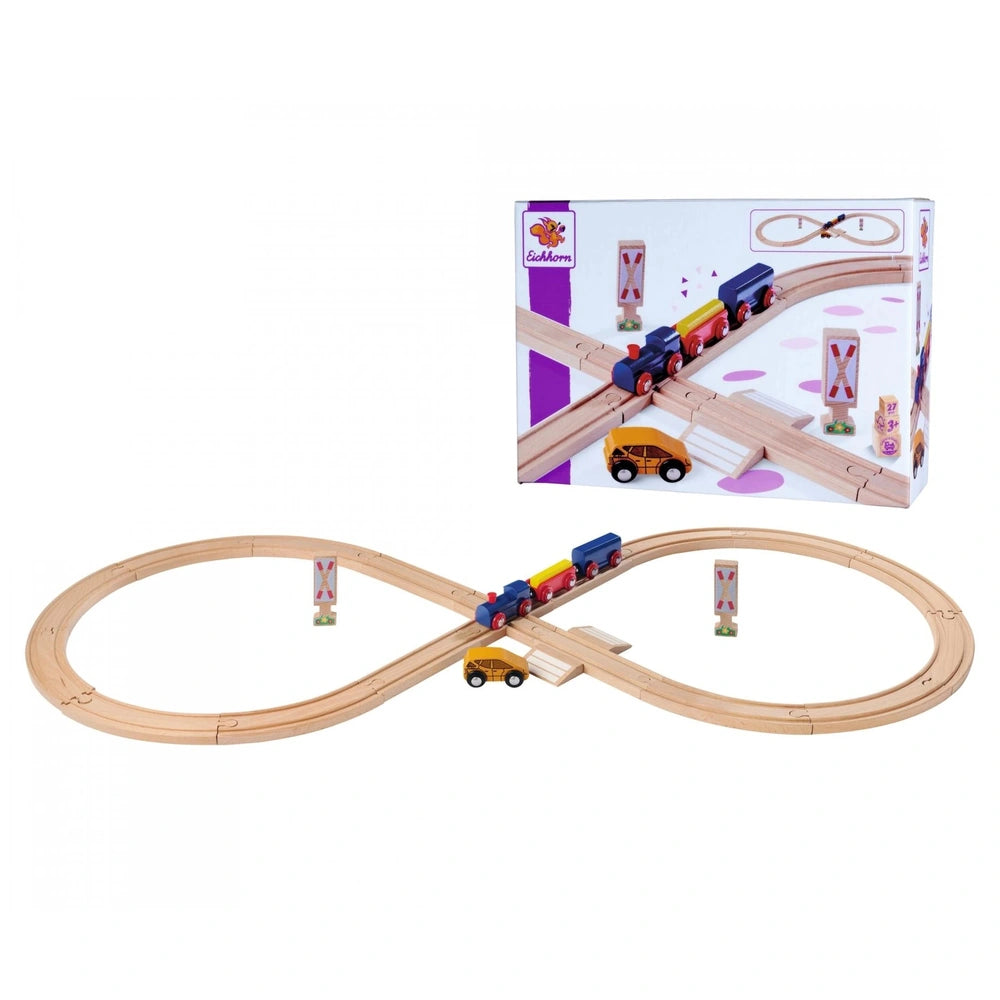 Eichhorn Train Track 8 Figure Playset featuring colorful wooden train cars and a curved track, alongside its illustrated box.