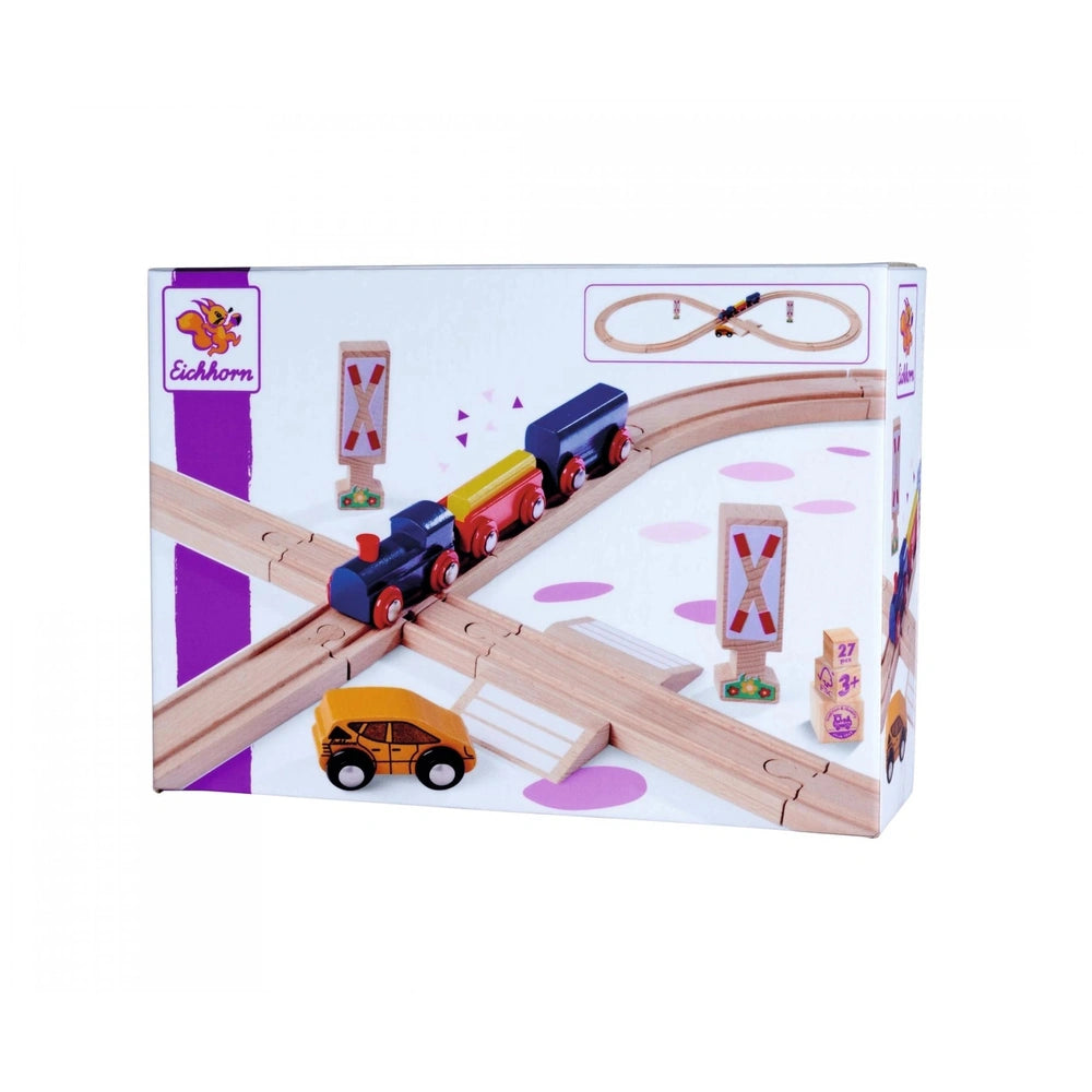 Eichhorn Train Track Playset features 27 wooden pieces, including colorful trains, a bridge, and traffic elements for imagina