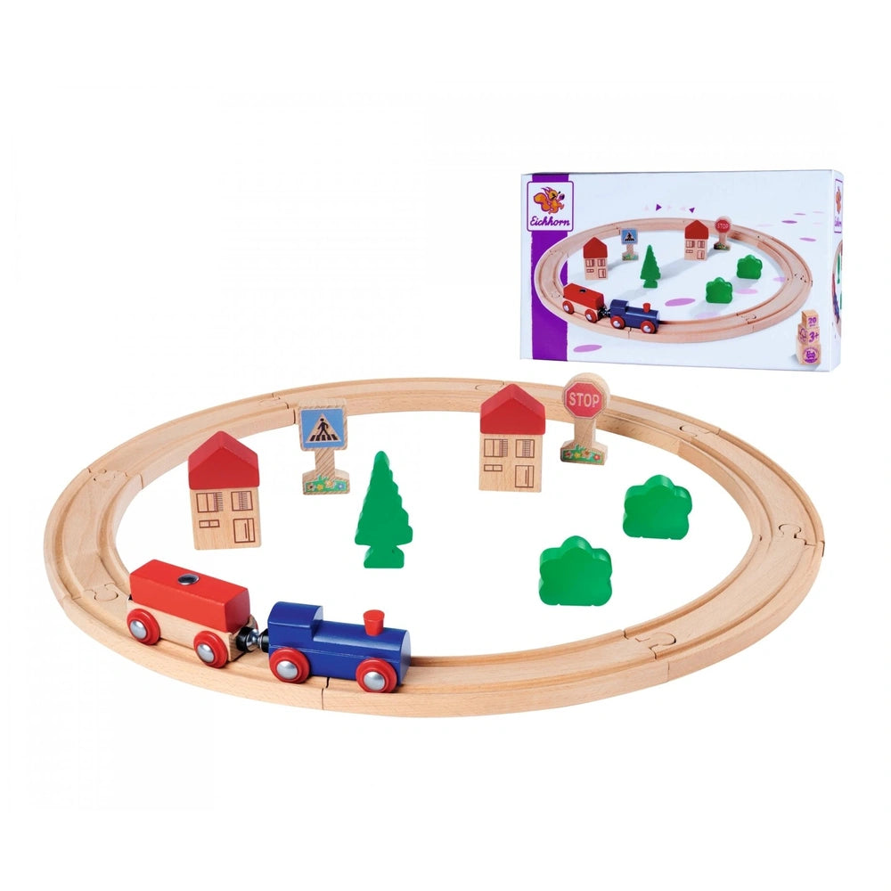 Eichhorn Train Track Playset featuring a colorful wooden train and curved track, ideal for imaginative play.