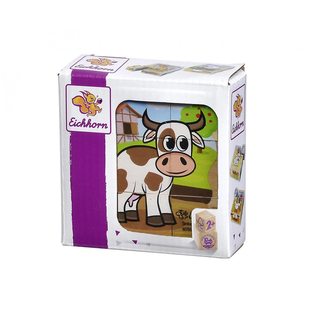 Eichhorn Wooden Block Puzzle Farm box features a cheerful cartoon cow on a grassy farm scene, appealing and colorful design.