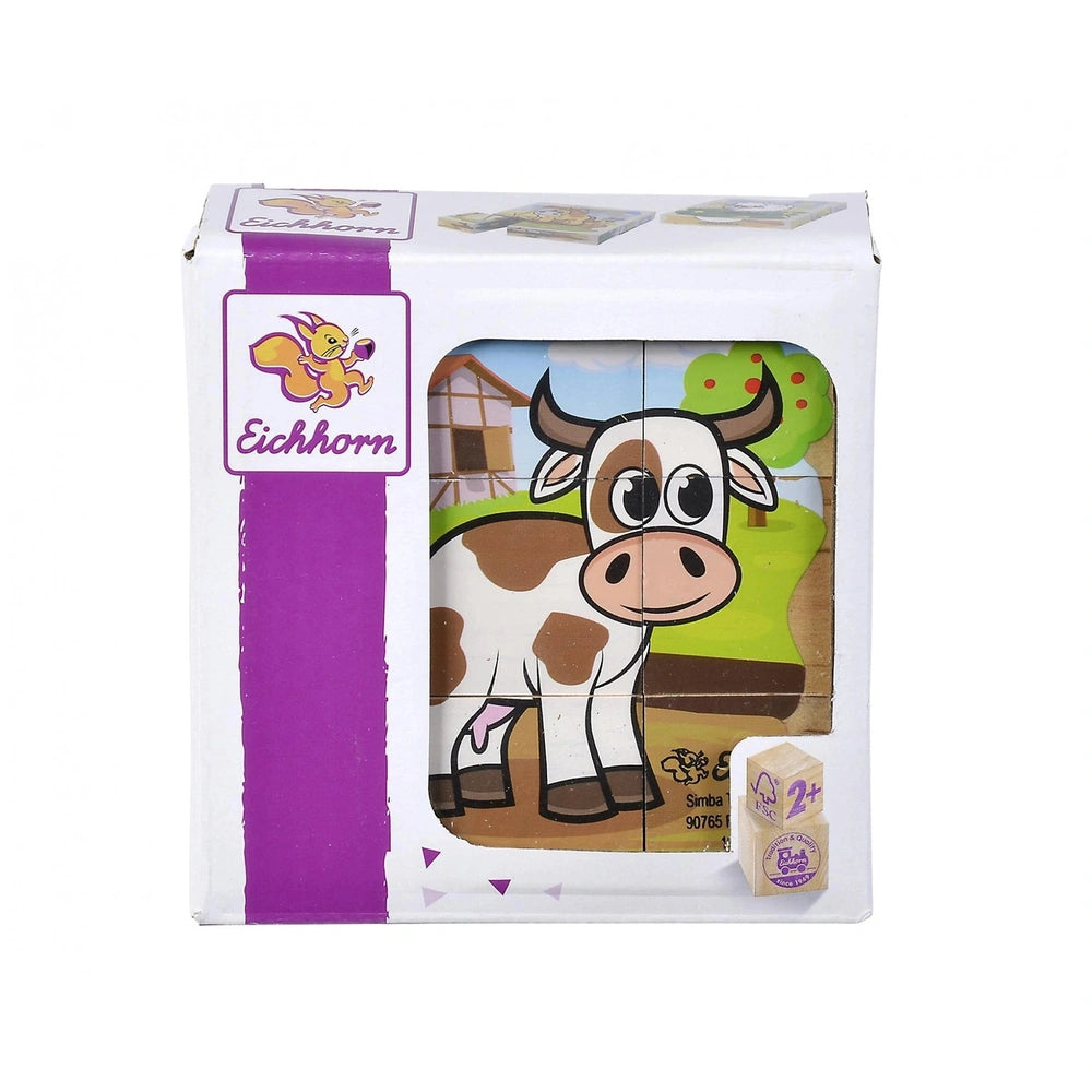 Eichhorn Wooden Block Puzzle Farm box featuring a cartoon cow, vibrant colors, and playful rural graphics for children.