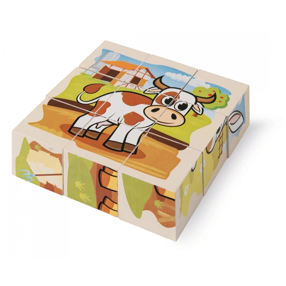 Eichhorn Wooden Block Puzzle Farm features a colorful cow illustration and interlocking pieces against a white background.