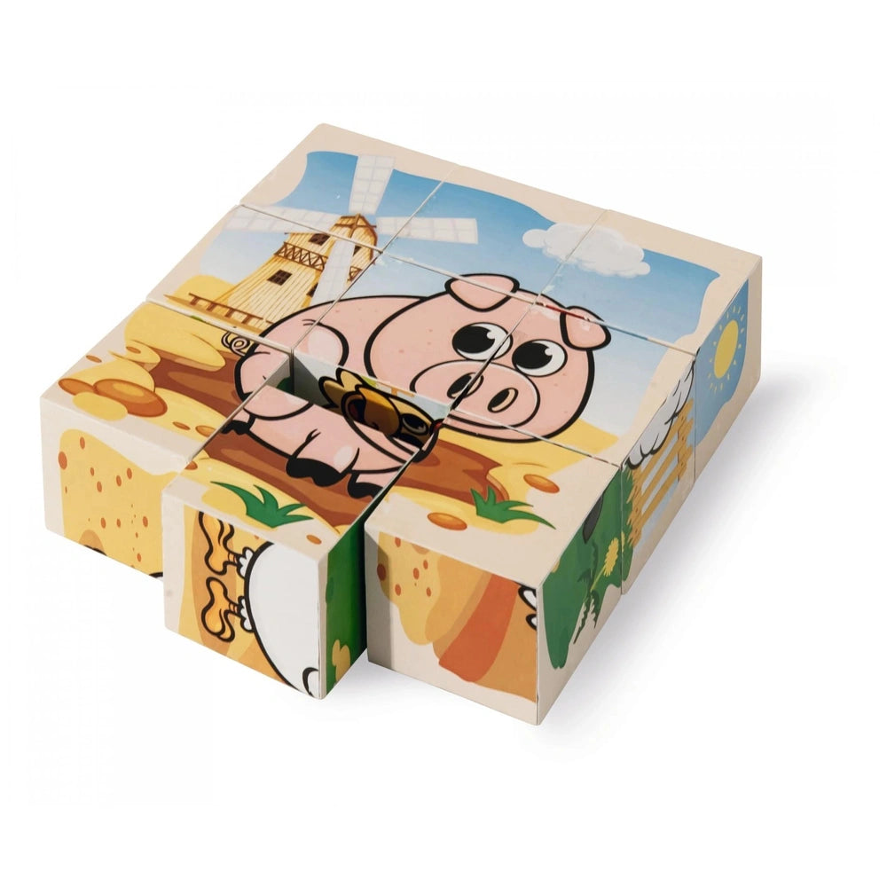 Eichhorn Wooden Block Puzzle Farm featuring colorful pig character illustration with sunglasses and beach scenery.