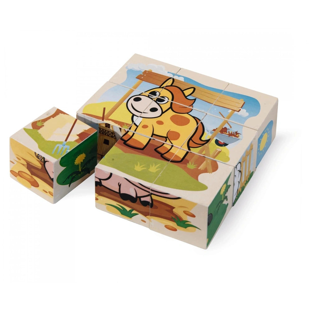 Eichhorn Wooden Block Puzzle Farm features colorful illustrated blocks with a cow and pig, encouraging creative play and buil