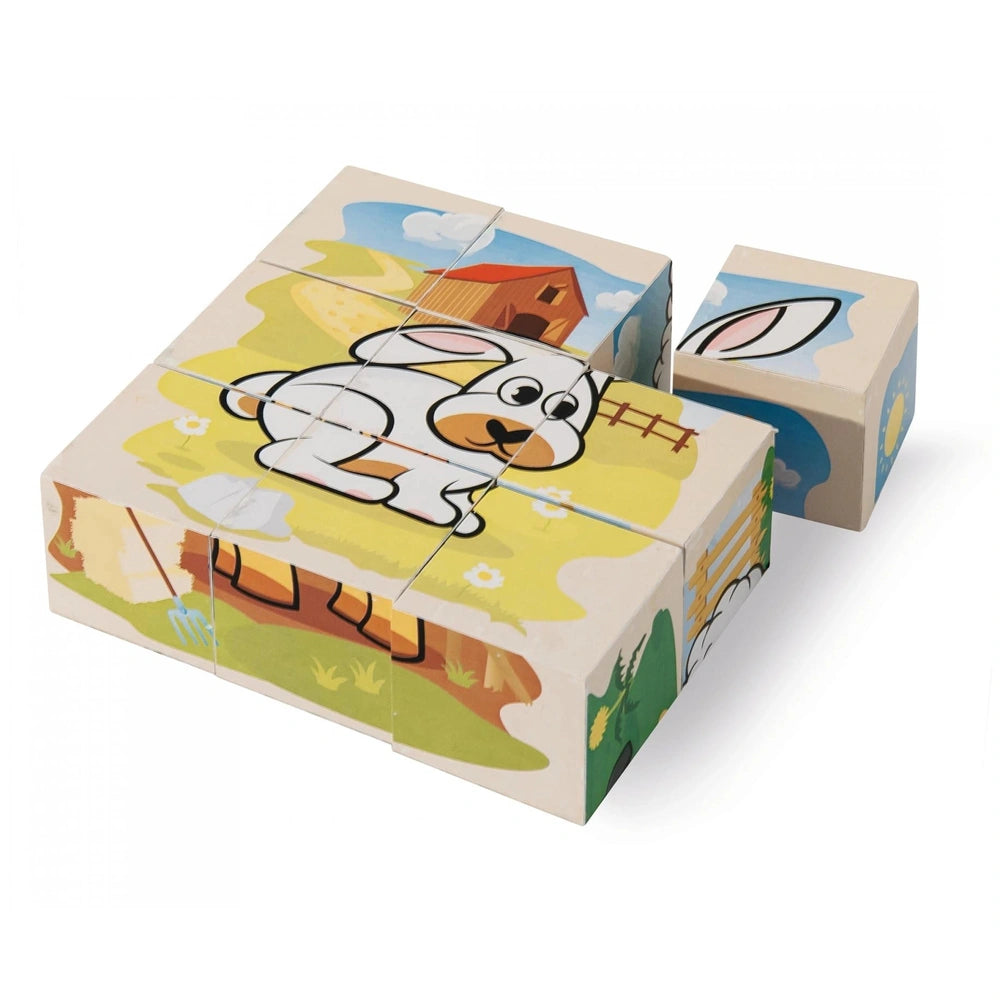 Eichhorn Wooden Block Puzzle featuring a cartoon rabbit in a colorful farm scene suitable for childrens play.
