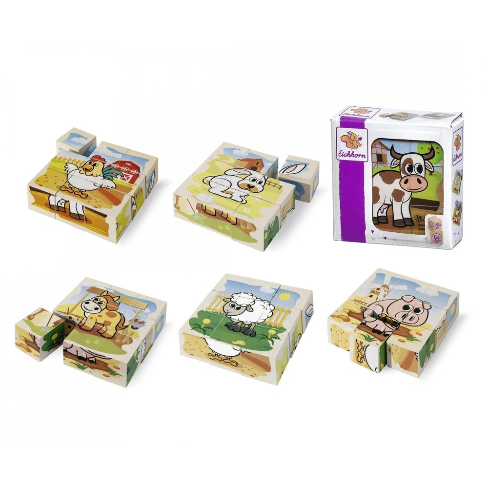 Eichhorn Wooden Block Puzzle Farm featuring vibrant animal illustrations and farm scenes in colorful packaging.