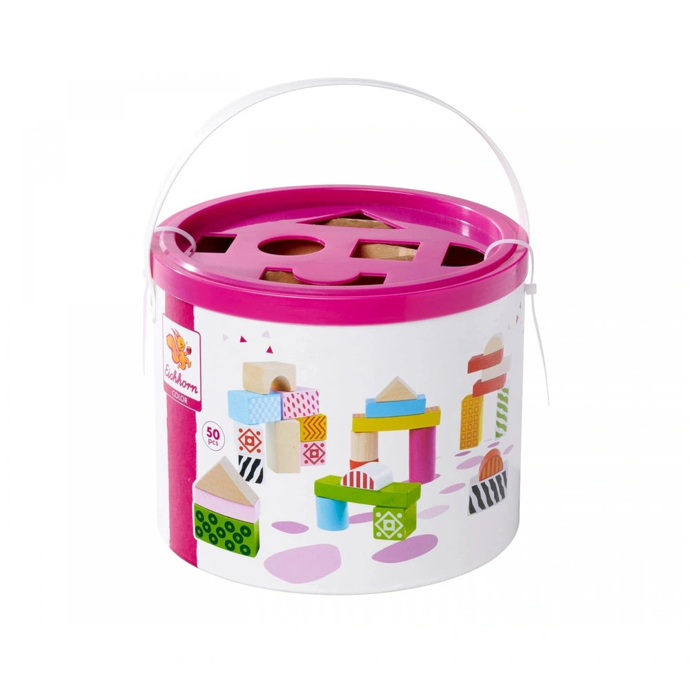Eichhorn Wooden Blocks in a pink bucket with a colorful design, featuring 50 sorting and stacking toy pieces.