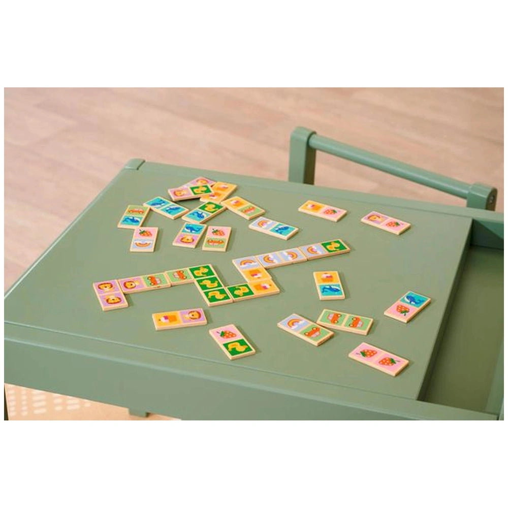 Eichhorn Wooden Domino Game featuring colorful tiles with illustrations for childrens educational play on a green tabletop.