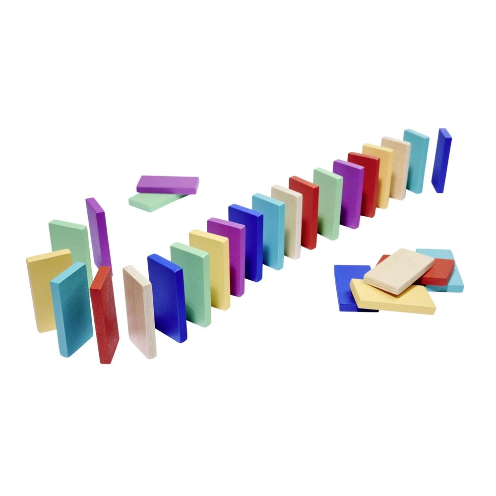Eichhorn Wooden Domino Ralley featuring colorful wooden blocks in various sizes, designed for baby activity and educational p