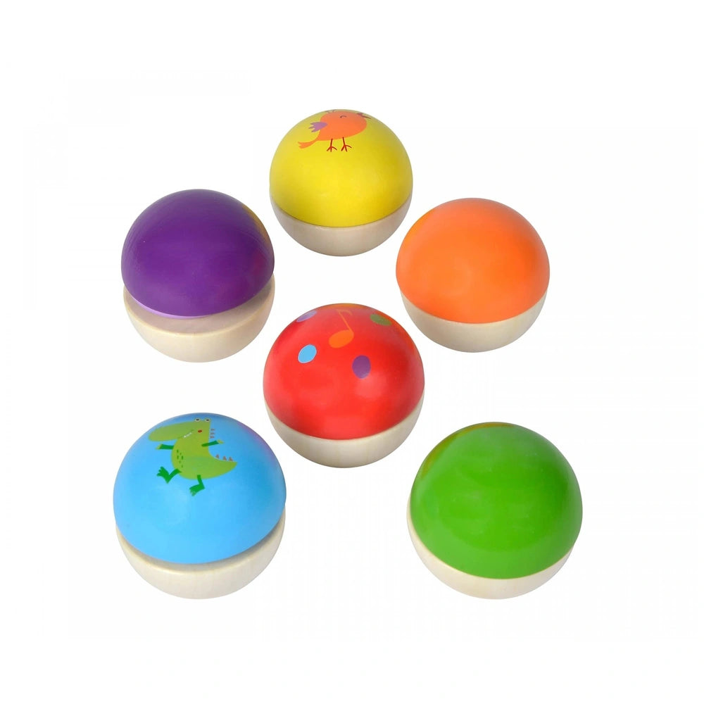 Eichhorn Wooden Music Balls - 6 colorful spherical activity toys with unique designs for baby play and development.