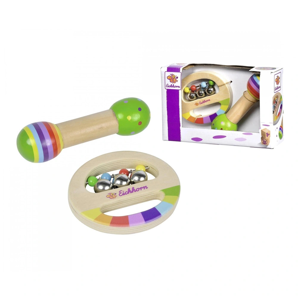 Eichhorn Wooden Music Set features a rattle and colorful ball box, designed for engaging childrens musical play.