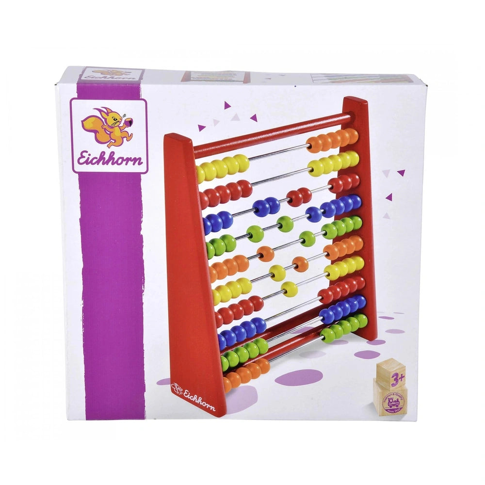 Eichhorn wooden slide rule educational toy features a colorful counting board with movable beads and bold number displays.