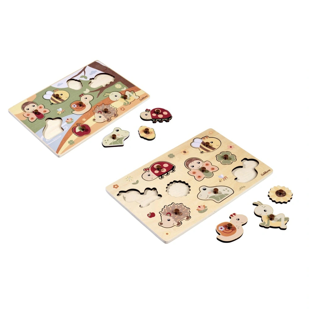Eichhorn Woodland animals puzzle featuring colorful, interlocking wooden pieces of animals and abstract shapes on two boards.