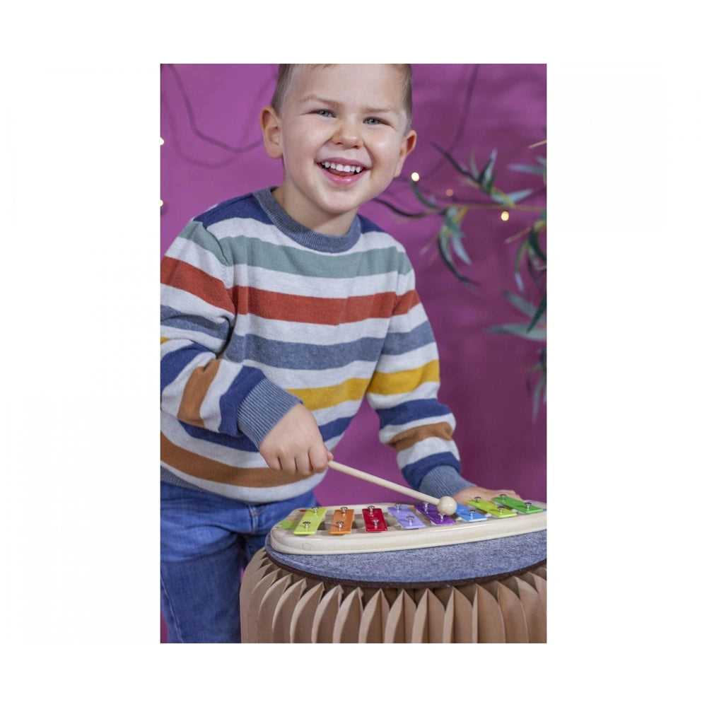 Eichhorn xylophone held by a smiling child in a colorful striped shirt against a vibrant purple background.
