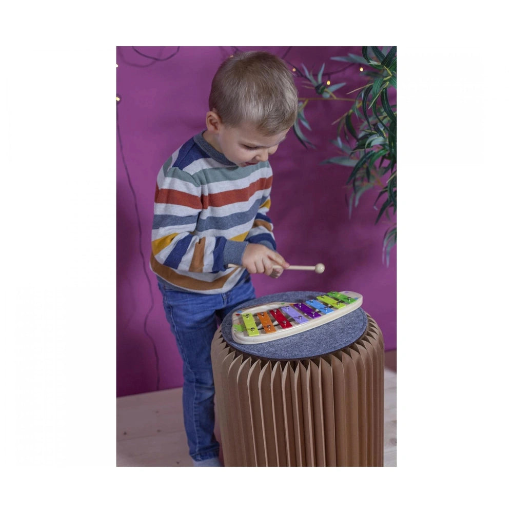 Eichhorn xylophone with a child playing, colorful shirt, bright indoor setting, wooden floor and purple wall background.