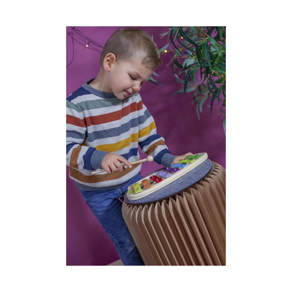 Eichhorn Xylophone featuring a child in a colorful sweater, engaged in playing the vibrant musical instrument.