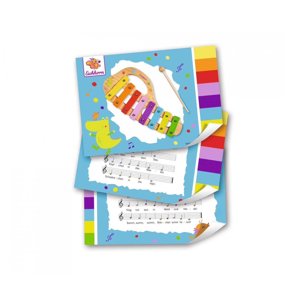Eichhorn xylophone booklet for children, featuring colorful illustrations and musical concepts for early learning.