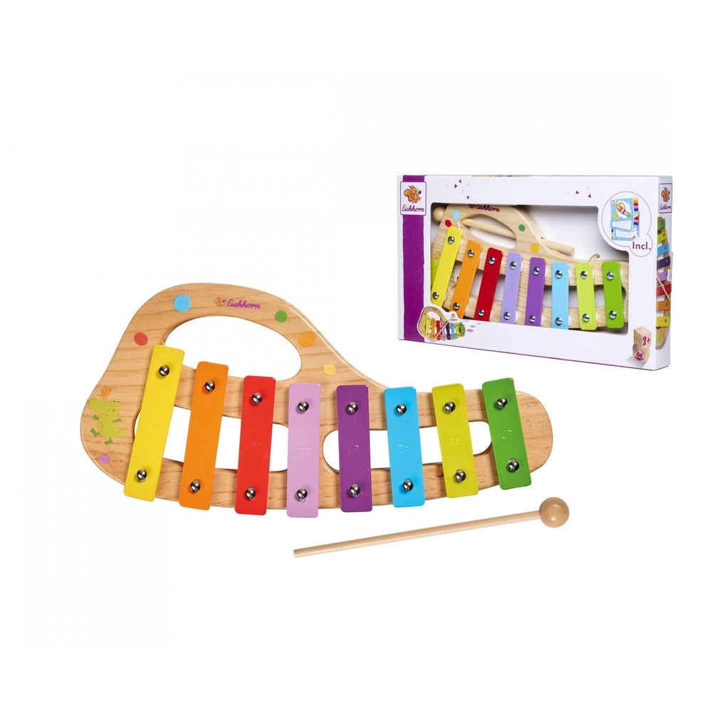 Eichhorn xylophone with colorful wooden bars, mallet, and boxed set, ideal for musical exploration and fun.