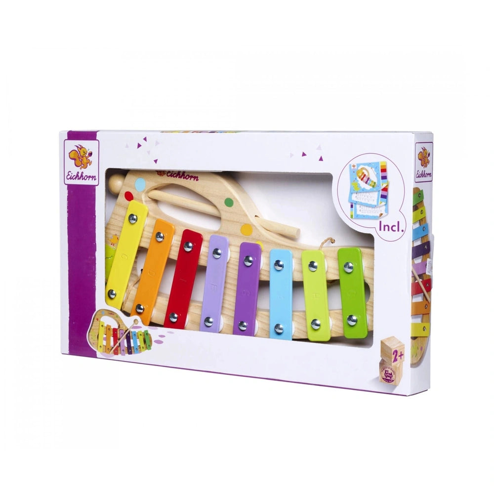 Eichhorn xylophone set featuring colorful wooden bars and mallets, presented in a vibrant branded box.