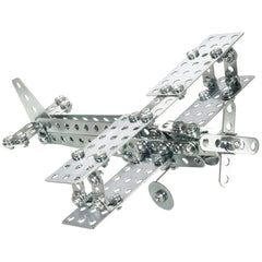 Eitech biplane propeller plane construction set with shiny metallic alloy and perforated pattern in silver-gray color.