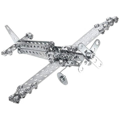 Eitech biplane propeller plane construction set features silver metal components with holes, including a wing-like structure 