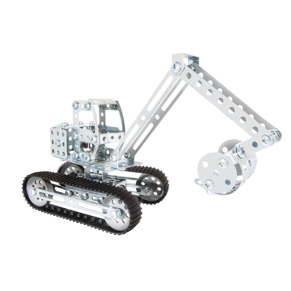 Eitech Excavator construction set toy featuring 2 wheels, 1 arm, 1 bucket, and 1 pipe in a front view layout.