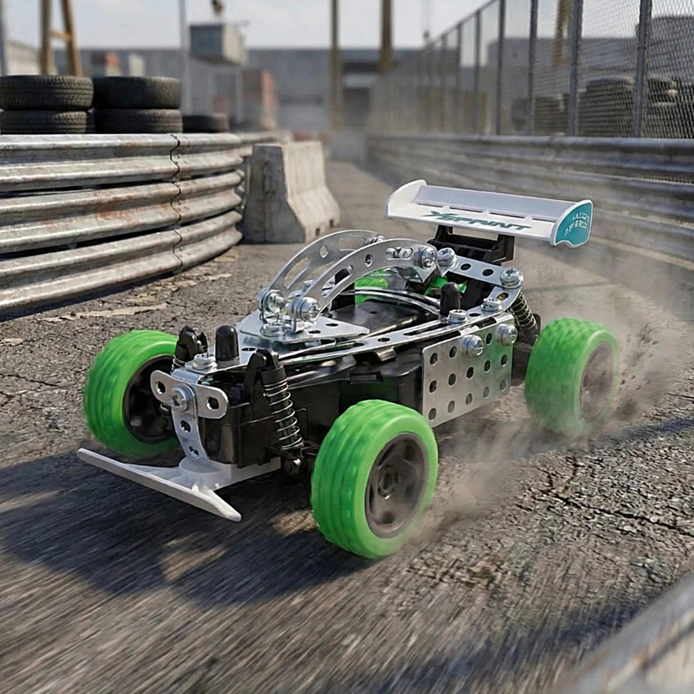 a black remote-controlled speed race car with green wheels, metallic body, and silver frame, showcasing textured surfaces.