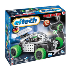 Eitech remote-controlled speed race car set in blue packaging, featuring green and black wheels, includes batteries and tools