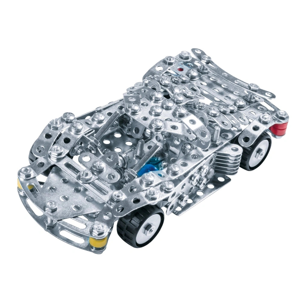 Eitech Speed Racer construction set features a shiny silver car with black wheels, blue interior, and red roof, front view di