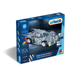 Eitech Speed Racer construction set packaging features a glossy blue cardboard with a model car in silver and black.