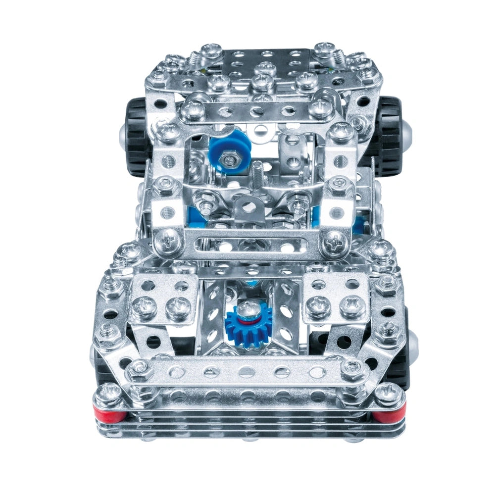 Eitech Speed Racer construction set features a shiny metal frame, blue plastic gear, and metal connectors on a matte base.