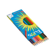 Elios 12 Colored Pencils Pack features glossy blue packaging, rainbow-colored wooden pencils, and a yellow sun graphic.