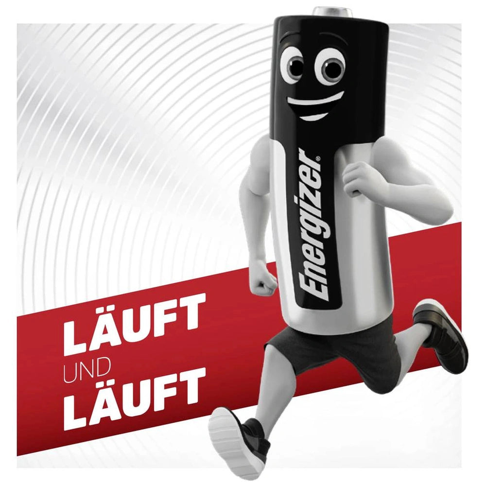 Energizer CR 2032 3V button cell battery, black and silver, with white label featuring "ENERGIZER" and "LAUFT UND LAUFT."