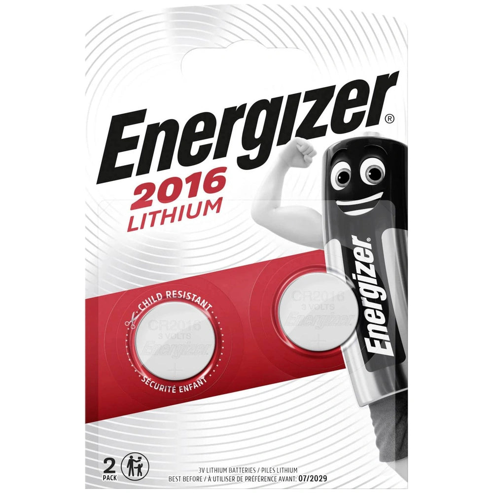 Energizer CR2 2016 lithium battery pack in red and black, centered on white cloud-patterned packaging, 2 pack with expiration