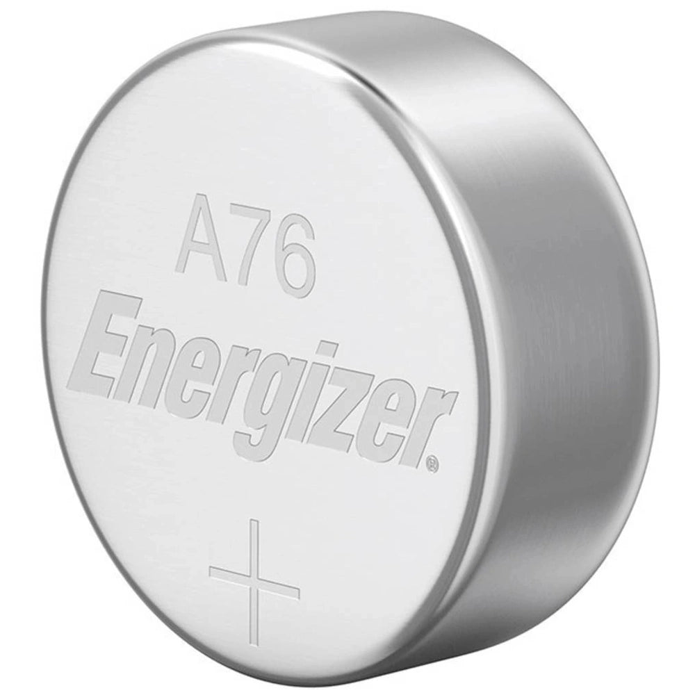 Energizer LR44 1.5V button cell battery with shiny silver surface, featuring "A76" text and cross symbol in the lower right c