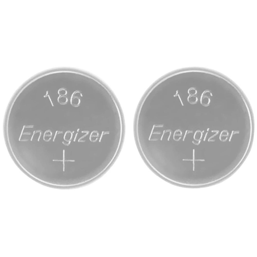 Energizer LR54 button cell batteries in gray with white cross and "186" printed, displayed in a centered layout.