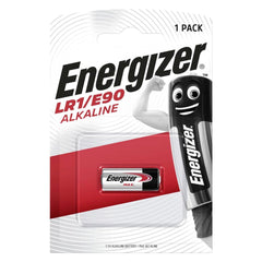 Energizer E90 N battery in red and black packaging, featuring black text on a white background, labeled as 1.5V alkaline.