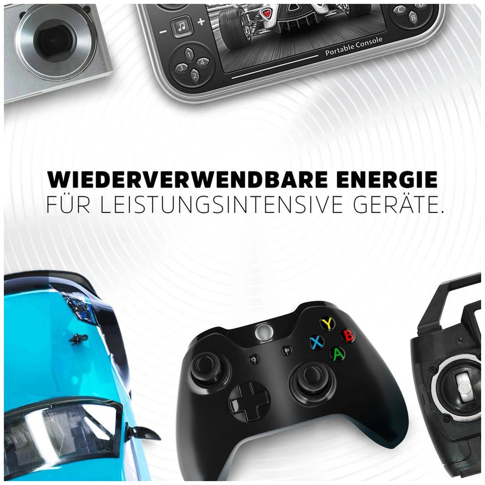 Energizer Extreme HR03 AAA rechargeable battery pack with matte black gaming controller, color-coded buttons, and battery sta