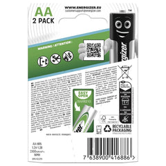 Energizer Extreme HR06 AA rechargeable batteries in glossy retail packaging with recyclable symbol and QR code, featuring bla