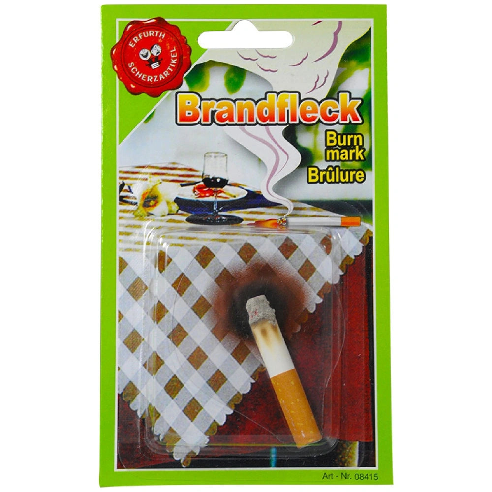 Erfurth fake cigarette burn prank packaging features a glossy green background, clear window, and centered white and orange c