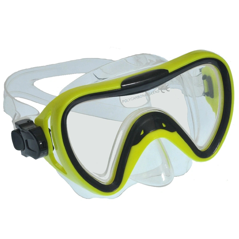 Escubia Orca allergy-free PVC diving mask with yellow and black translucent frame, clear lenses, and adjustable black strap.