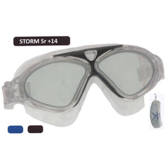 Escubia Storm Senior Allergy Free Silicon Swimming Goggles feature a black plastic frame, clear lenses, and a blue tag labele