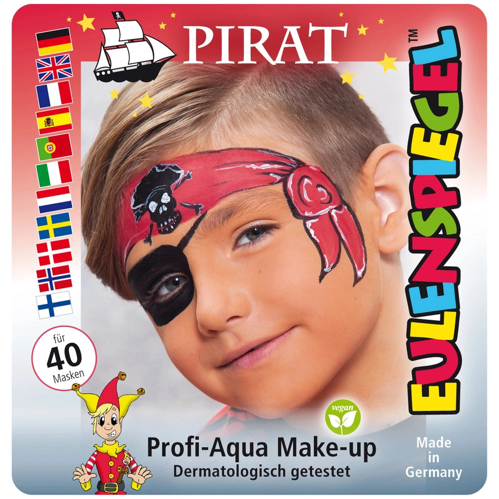 EULENSPIEGEL Pirate Makeup Set displayed on white background with a young boy's face painted as a red pirate, featuring vario